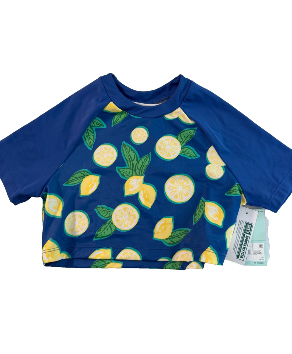 DSG Girls Blue Lemon Print Crop Rash Guard Swim Top Size Medium NWT